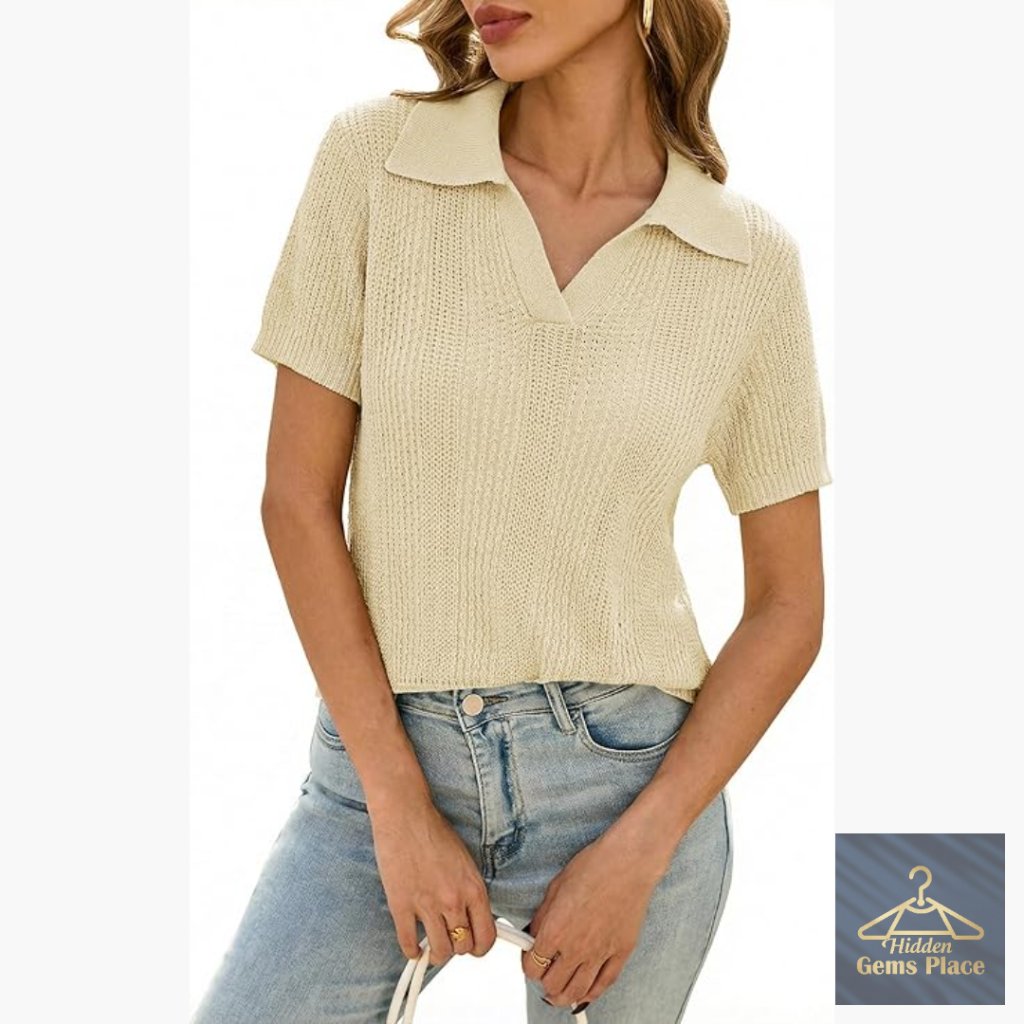 Crochet Knit Polo V-Neck Top Short Sleeve Casual Work Sweater